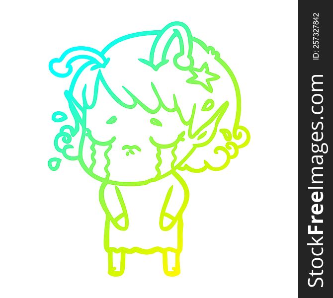 Cold Gradient Line Drawing Cartoon Crying Alien Girl