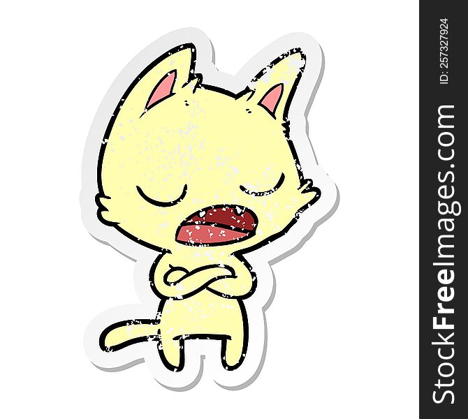 distressed sticker of a talking cat with crossed arms