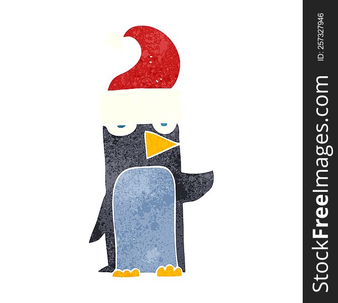 Retro Cartoon Penguin In Christmas Hat