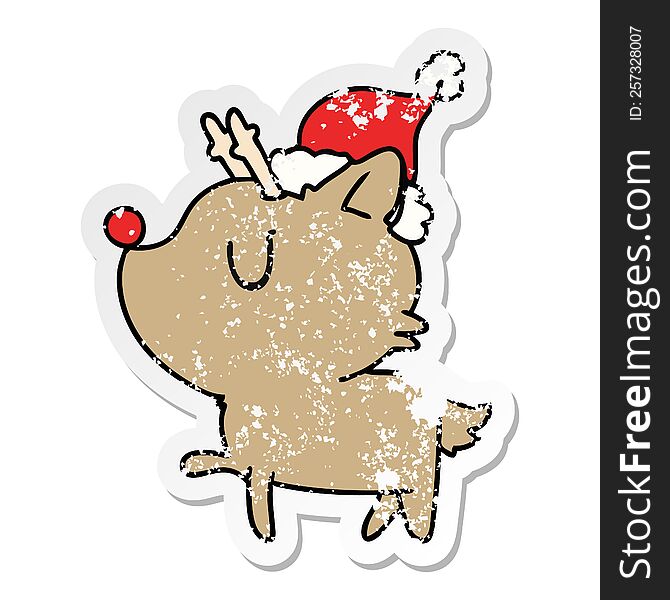 hand drawn christmas distressed sticker cartoon of kawaii deer