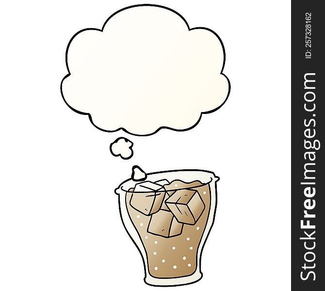 cartoon glass of cola with thought bubble in smooth gradient style