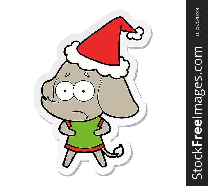 Sticker Cartoon Of A Unsure Elephant Wearing Santa Hat