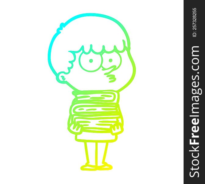 cold gradient line drawing of a cartoon curious boy with lots of books