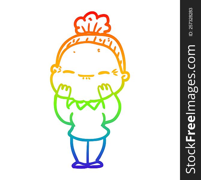 rainbow gradient line drawing of a cartoon peaceful old woman