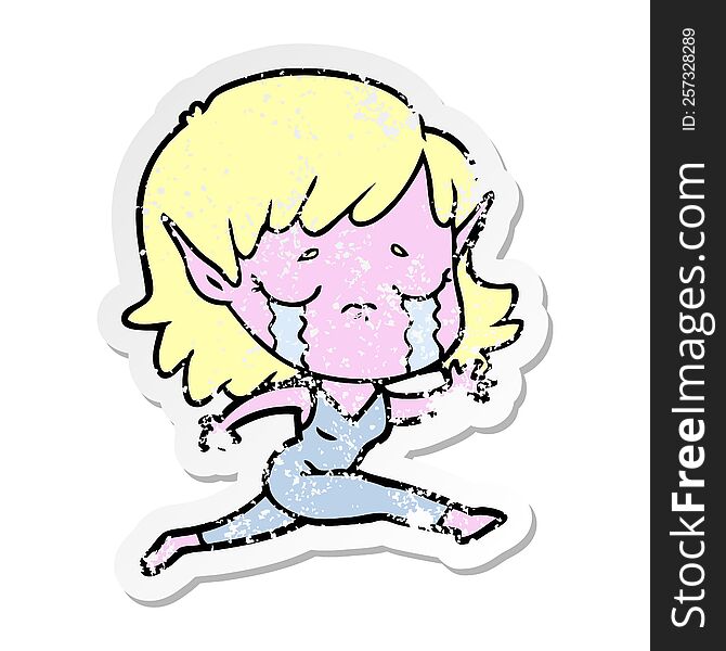 Distressed Sticker Of A Crying Cartoon Elf Girl