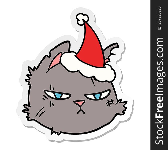 hand drawn sticker cartoon of a tough cat face wearing santa hat