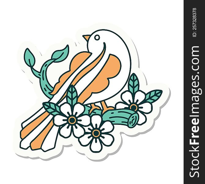 sticker of tattoo in traditional style of a bird on a branch. sticker of tattoo in traditional style of a bird on a branch