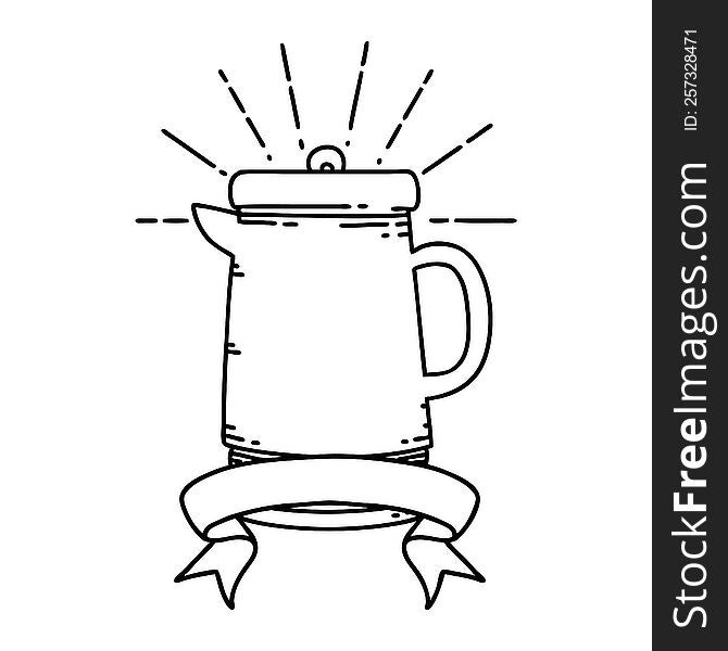 banner with black line work tattoo style coffee pot