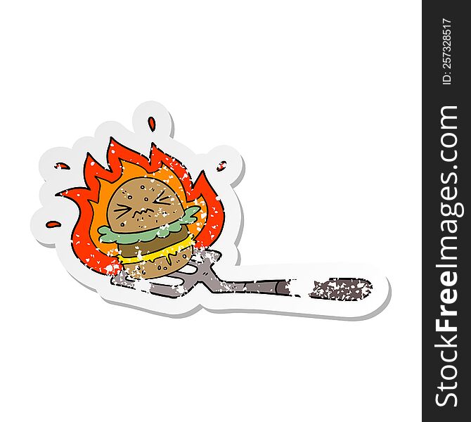Distressed Sticker Of A Cartoon Burger On Spatula