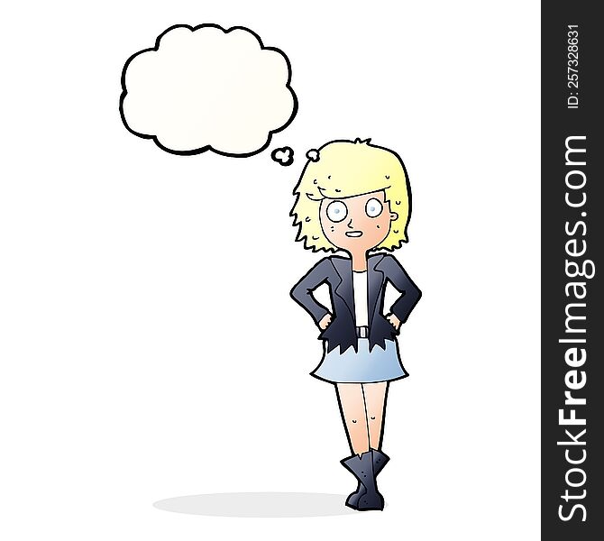 cartoon girl in jacket with thought bubble