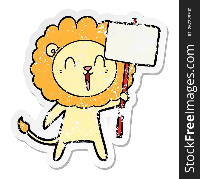 Distressed Sticker Of A Laughing Lion Cartoon With Placard
