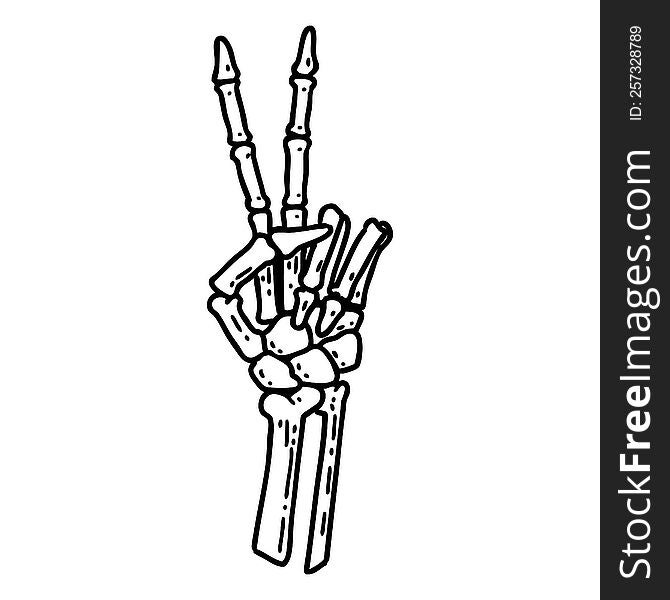 Black Line Tattoo Of A Skeleton Hand Giving A Peace Sign