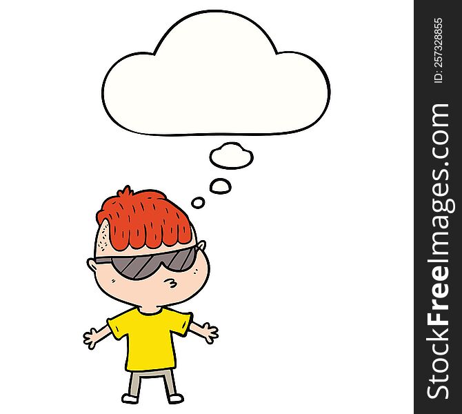 cartoon boy wearing sunglasses with thought bubble