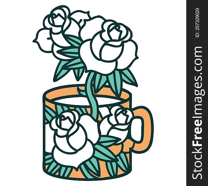 iconic tattoo style image of a cup and flowers. iconic tattoo style image of a cup and flowers