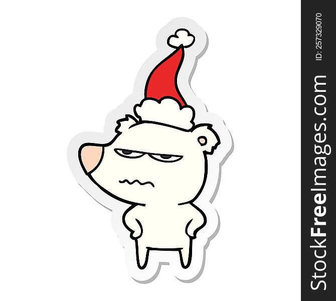 angry bear polar hand drawn sticker cartoon of a wearing santa hat. angry bear polar hand drawn sticker cartoon of a wearing santa hat