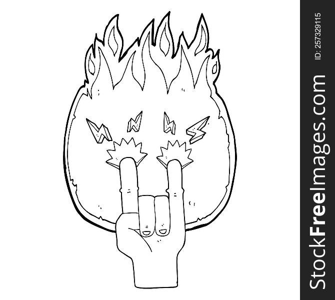 freehand drawn black and white cartoon hand making rock symbol