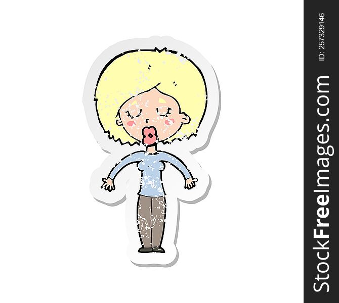 Retro Distressed Sticker Of A Cartoon Woman With Closed Eyes