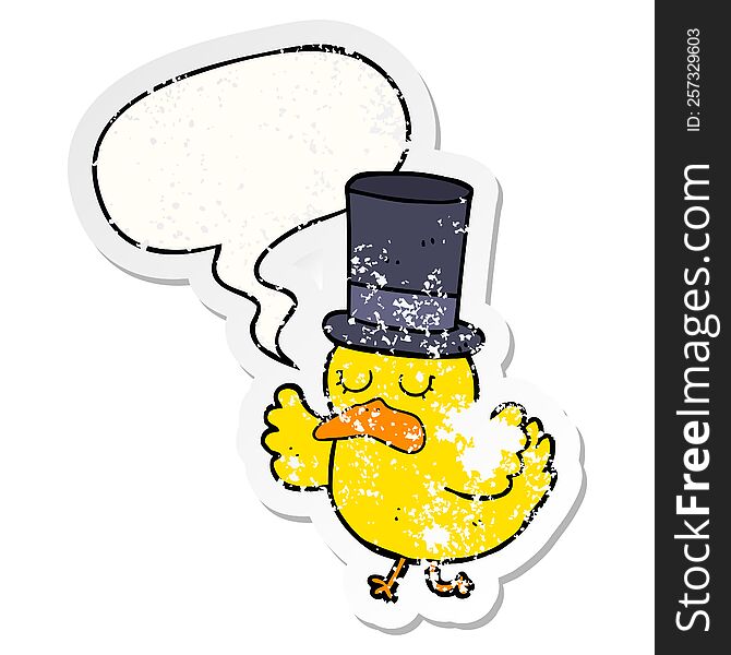 cartoon duck wearing top hat with speech bubble distressed distressed old sticker. cartoon duck wearing top hat with speech bubble distressed distressed old sticker