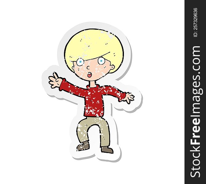 Retro Distressed Sticker Of A Cartoon Panicking Boy