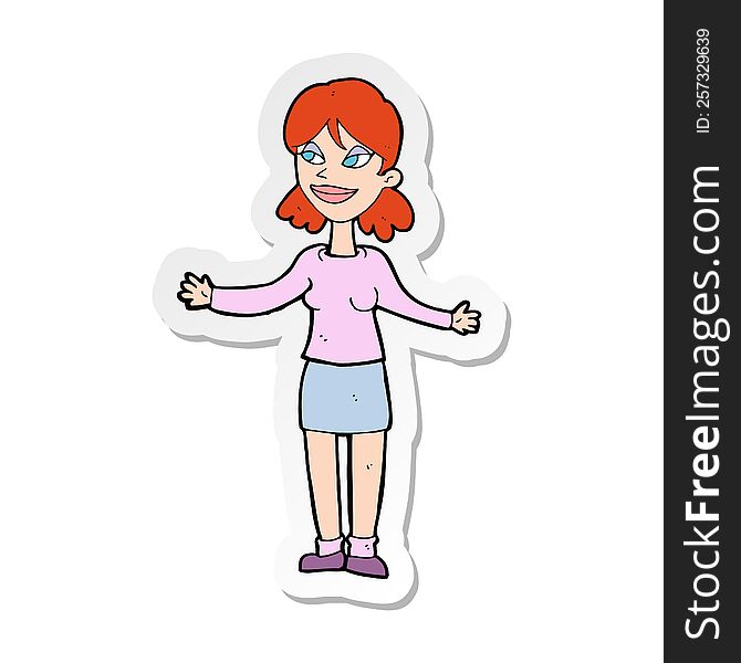 Sticker Of A Cartoon Happy Woman Shruggin Shoulders