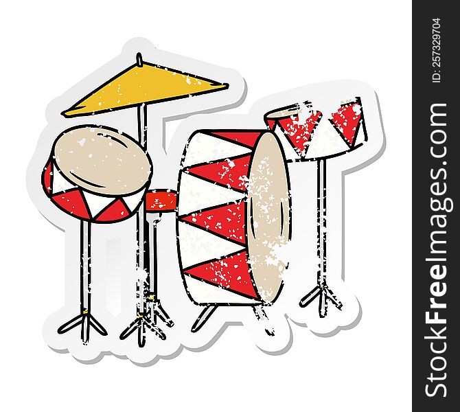 Distressed Sticker Cartoon Doodle Of A Drum Kit