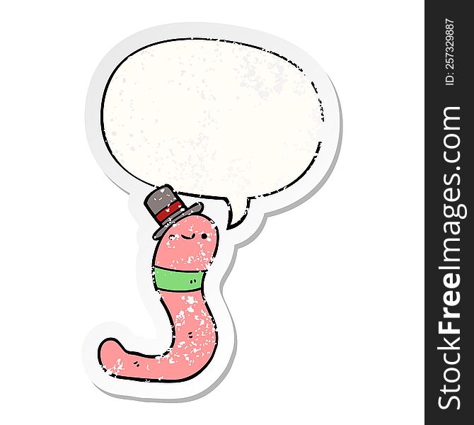cute cartoon worm with speech bubble distressed distressed old sticker. cute cartoon worm with speech bubble distressed distressed old sticker