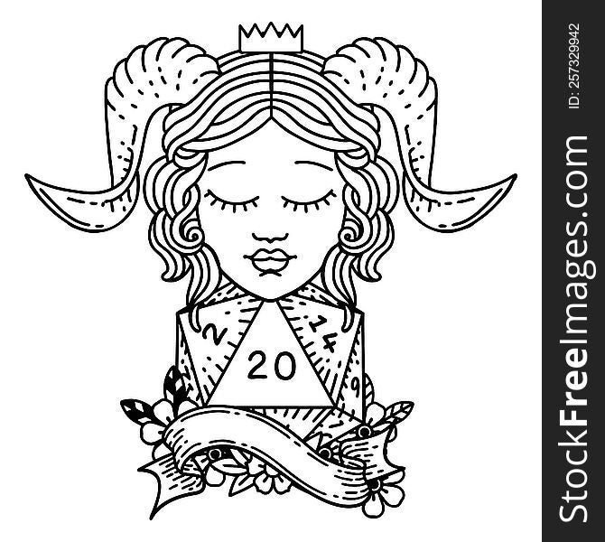 Black and White Tattoo linework Style tiefling with natural twenty dice roll. Black and White Tattoo linework Style tiefling with natural twenty dice roll