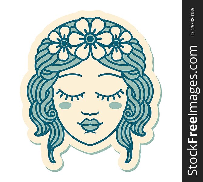 sticker of tattoo in traditional style of female face with eyes closed. sticker of tattoo in traditional style of female face with eyes closed