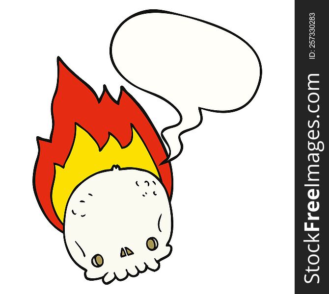 spooky cartoon flaming skull with speech bubble