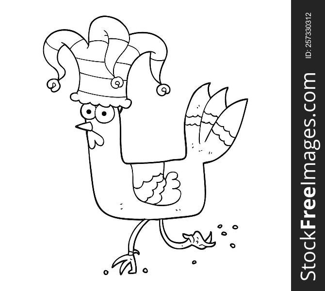 Black And White Cartoon Chicken Running In Funny Hat