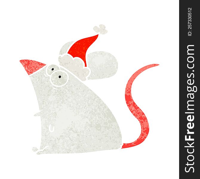 hand drawn retro cartoon of a frightened mouse wearing santa hat