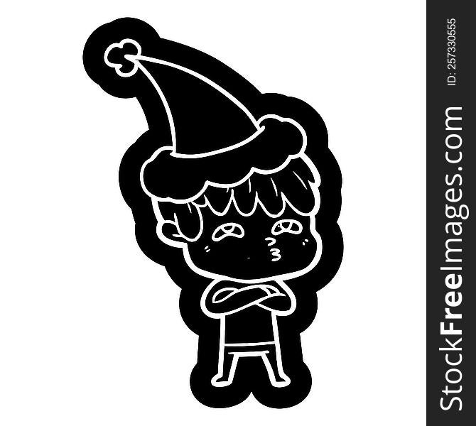 quirky cartoon icon of a curious man wearing santa hat