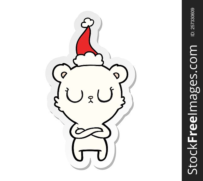 peaceful hand drawn sticker cartoon of a polar bear wearing santa hat. peaceful hand drawn sticker cartoon of a polar bear wearing santa hat
