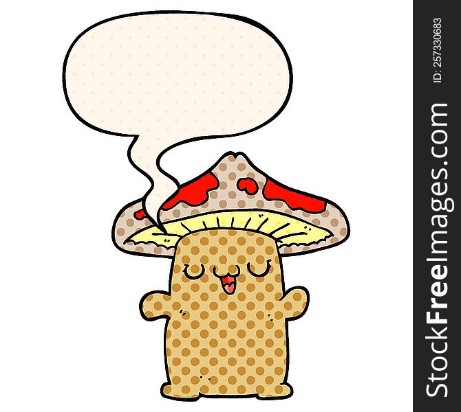 cartoon mushroom creature with speech bubble in comic book style