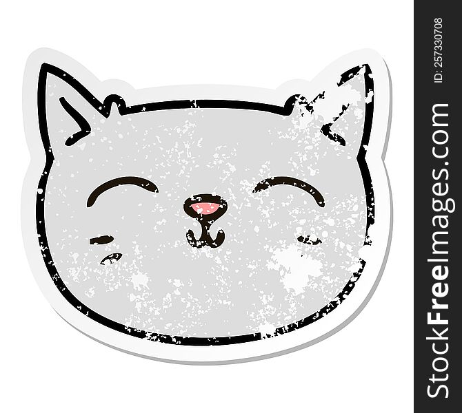 distressed sticker of a quirky hand drawn cartoon cat face