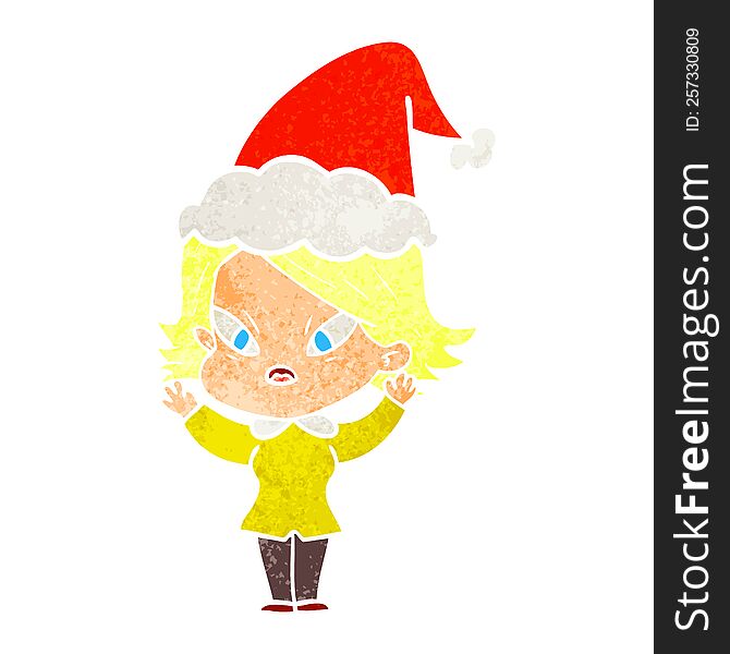 Retro Cartoon Of A Stressed Woman Wearing Santa Hat