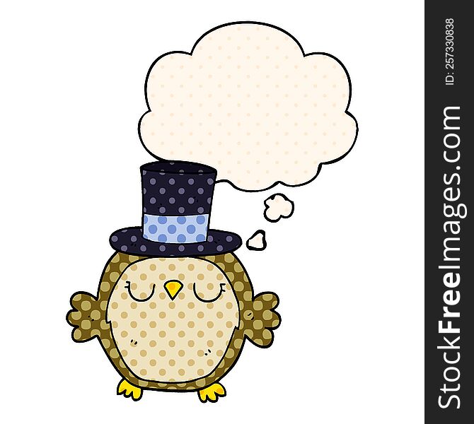 Cartoon Owl Wearing Top Hat And Thought Bubble In Comic Book Style