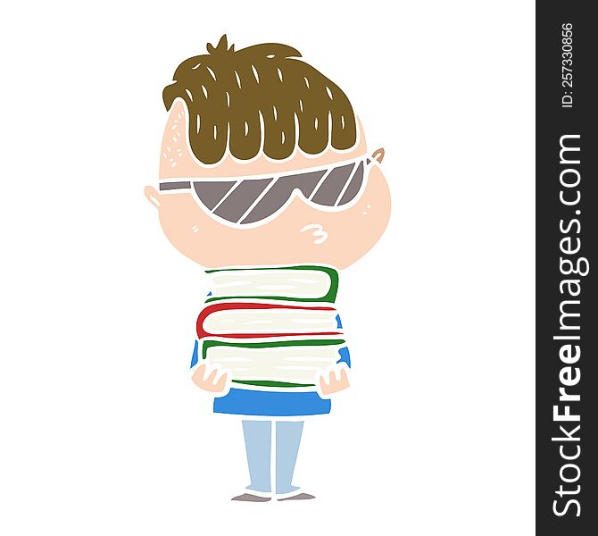 Flat Color Style Cartoon Boy Wearing Sunglasses With Stack Of Books