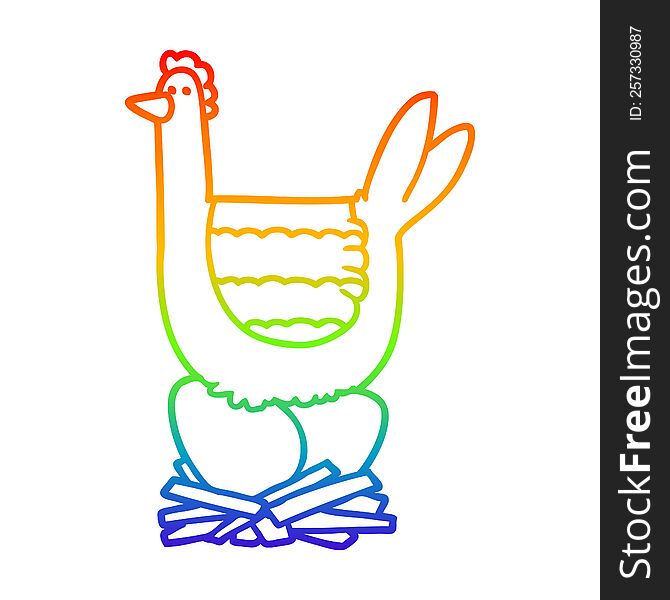 rainbow gradient line drawing cartoon chicken sitting on eggs in nest
