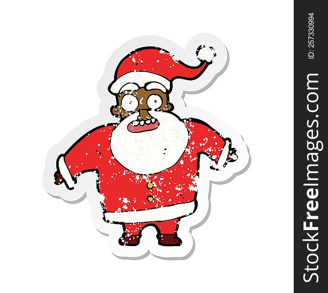 Retro Distressed Sticker Of A Cartoon Shocked Santa Claus
