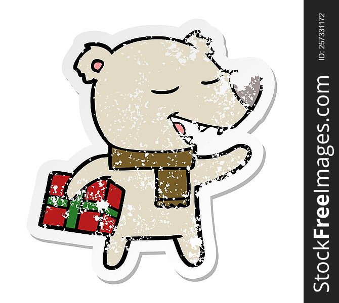 Distressed Sticker Of A Cartoon Bear With Present