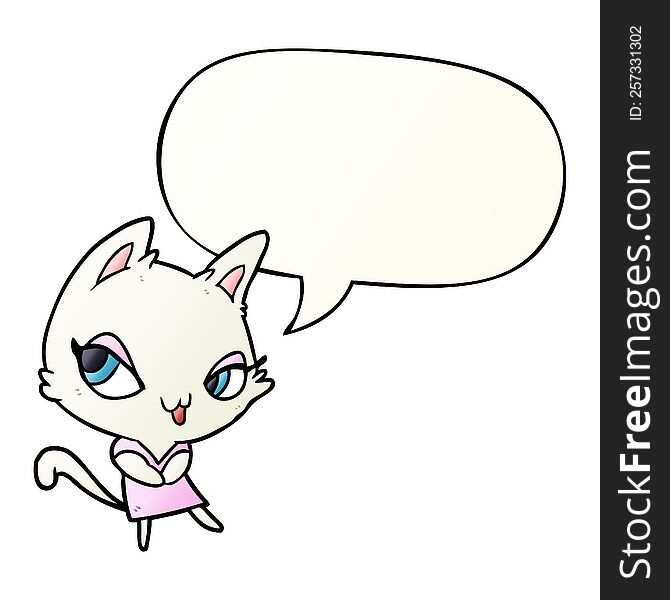 cute cartoon female cat with speech bubble in smooth gradient style