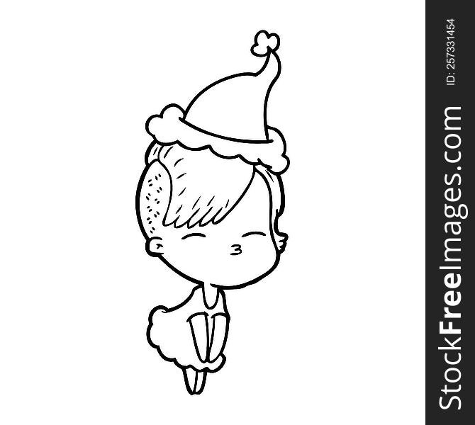 hand drawn line drawing of a squinting girl in dress wearing santa hat