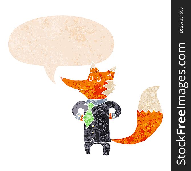 Cartoon Fox Businessman And Speech Bubble In Retro Textured Style
