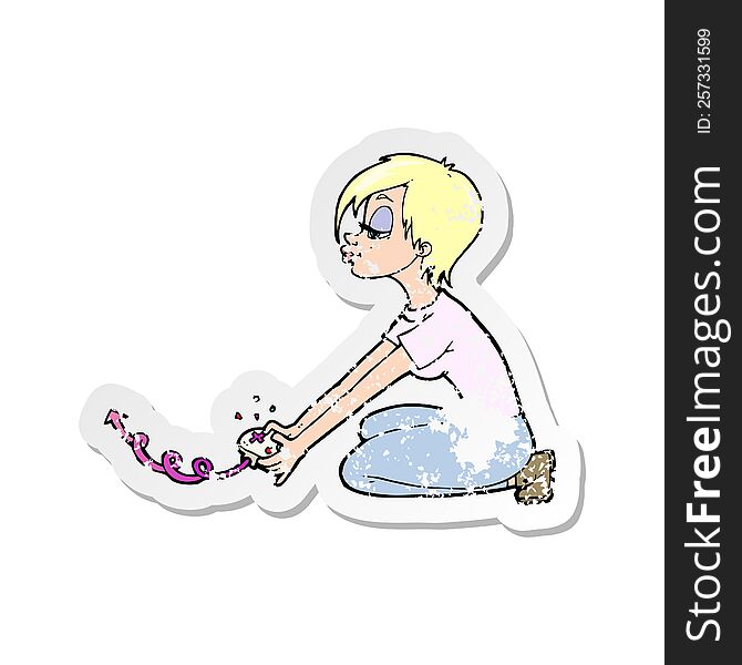 retro distressed sticker of a cartoon girl playing computer games