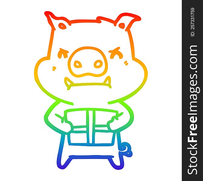 rainbow gradient line drawing of a angry cartoon pig with christmas gift