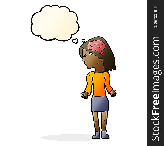 Cartoon Clever Woman Shrugging Shoulders With Thought Bubble