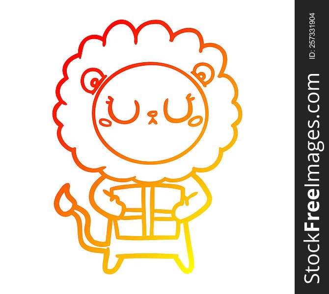 Warm Gradient Line Drawing Cartoon Lion With Christmas Present