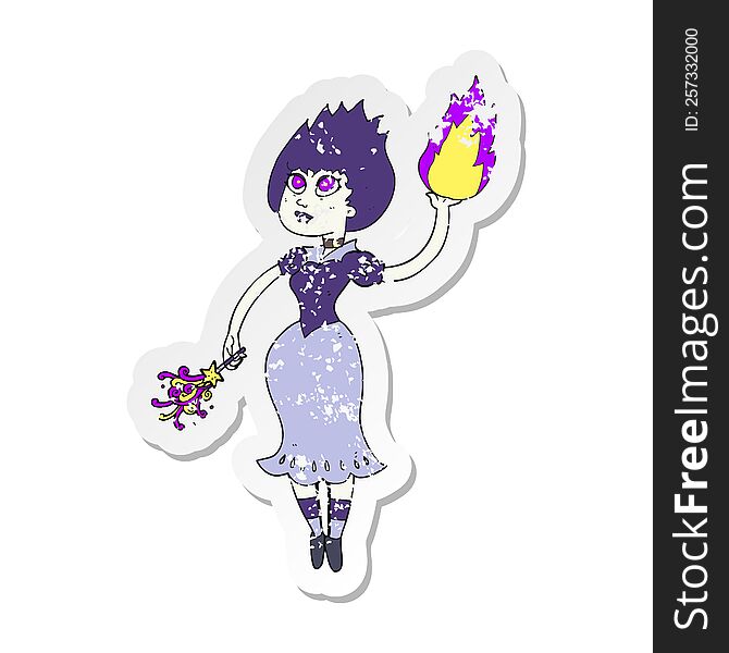 Retro Distressed Sticker Of A Cartoon Vampire Girl Casting Fireball