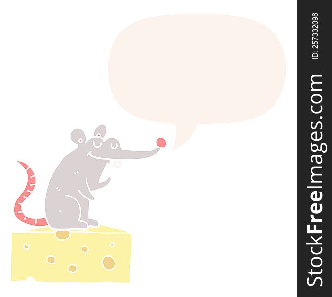 cartoon mouse sitting on cheese with speech bubble in retro style